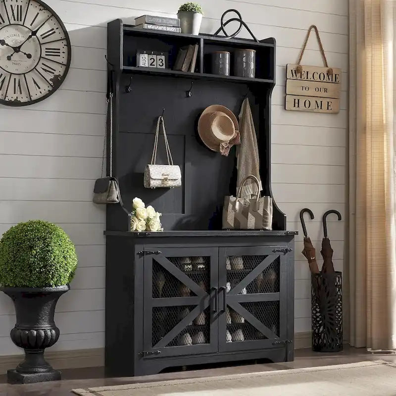 42 Wide Farmhouse Entryway Bench with Coat Rack, Mudroom Cabinet