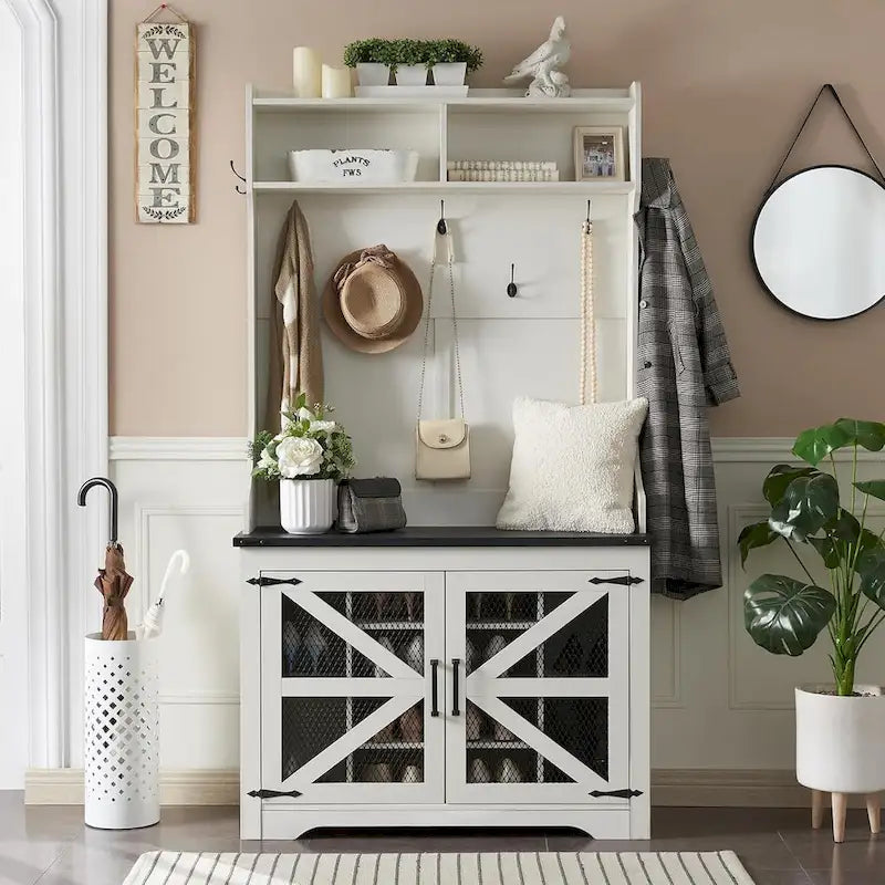 42 Wide Farmhouse Entryway Bench with Coat Rack, Mudroom Cabinet