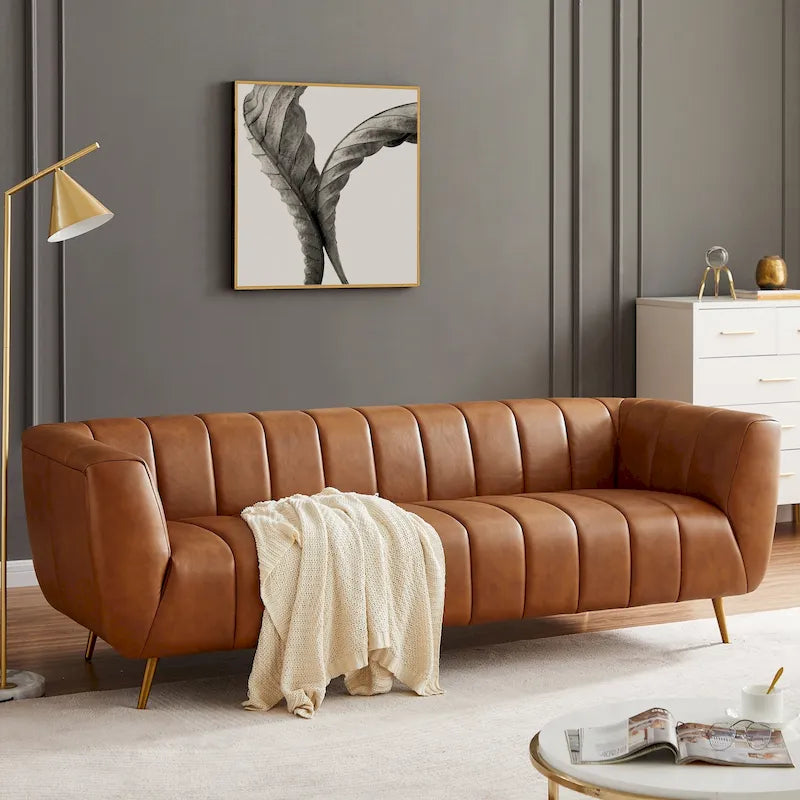 Mid Century Modern Furniture Style Upholstered Leather Couch in Cognac Color