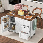 Isola da cucina da 54,5" stile rustico con presa di corrente, ripiano interno, piano a ribalta, portaspezie, carrello su ruote