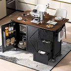54.5 Farmhouse Kitchen Island with Power Outlet, Internal Storage Rack, Drop-Leaf Tabletop, Spice Rack, Rolling Cart On Wheels