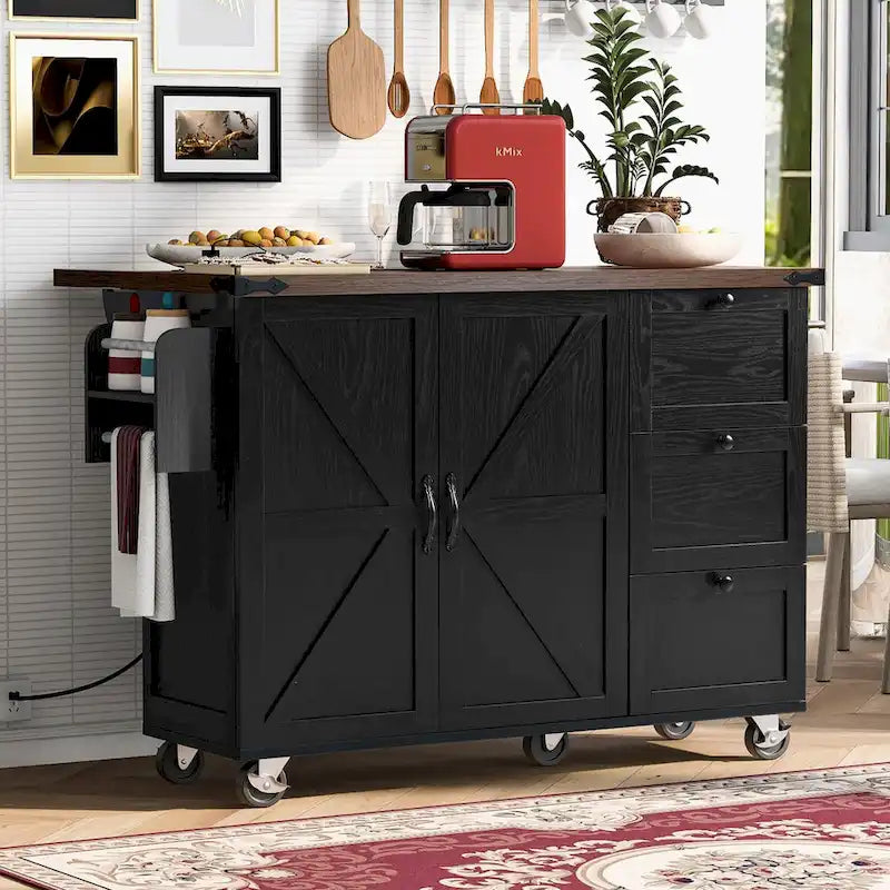 54.5 Farmhouse Kitchen Island with Power Outlet, Internal Storage Rack, Drop-Leaf Tabletop, Spice Rack, Rolling Cart On Wheels