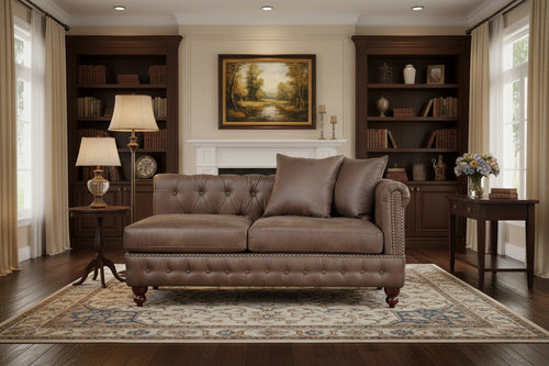 Simi 61 Inch One Arm Chaise, 2 Pillows, Nailhead Trim, Brown Faux Leather