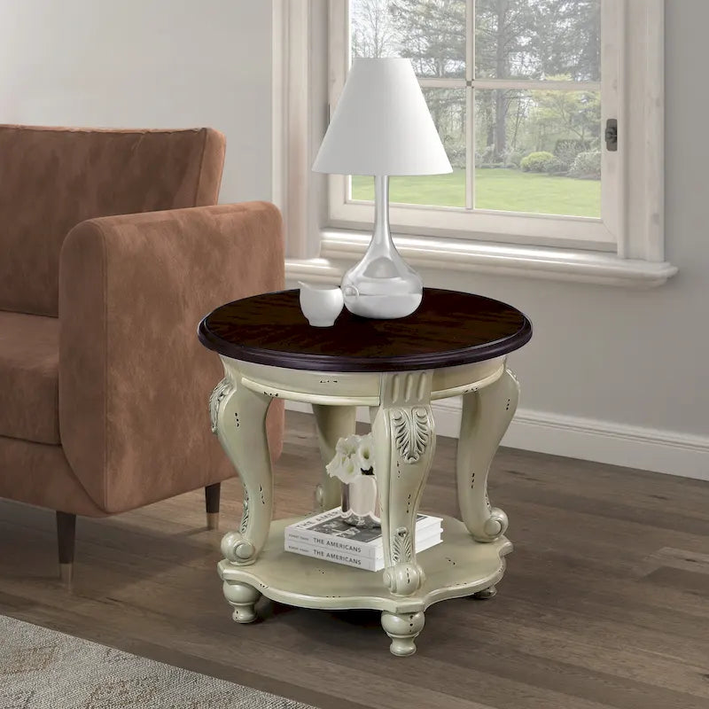22 Retro Round End Table,Solid Wood Sofa Side Table with Shelf,Living Room Corner Table Easy Assemble