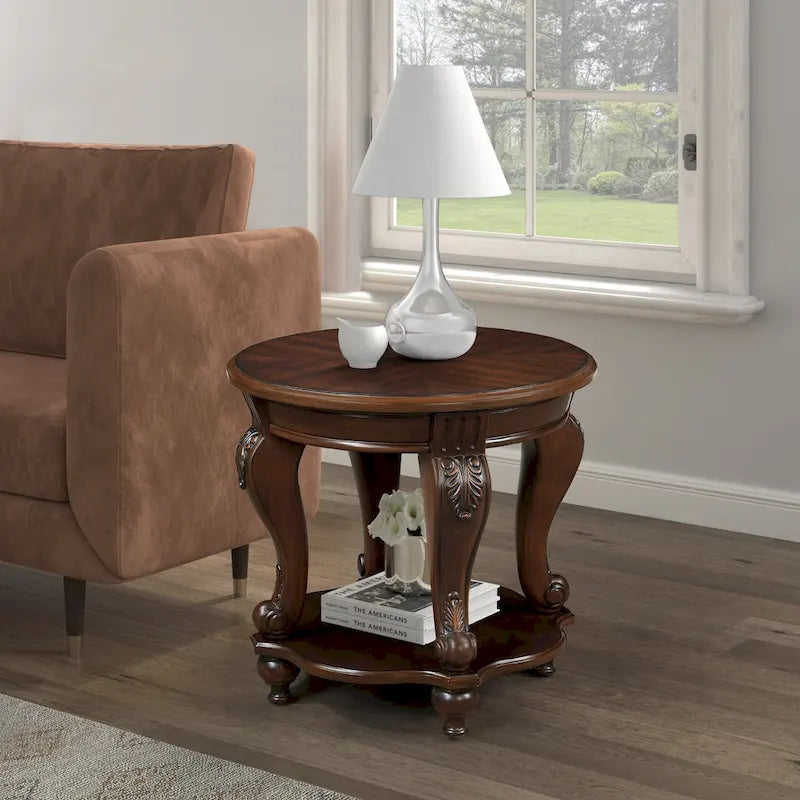 22 Retro Round End Table,Solid Wood Sofa Side Table with Shelf,Living Room Corner Table Easy Assemble